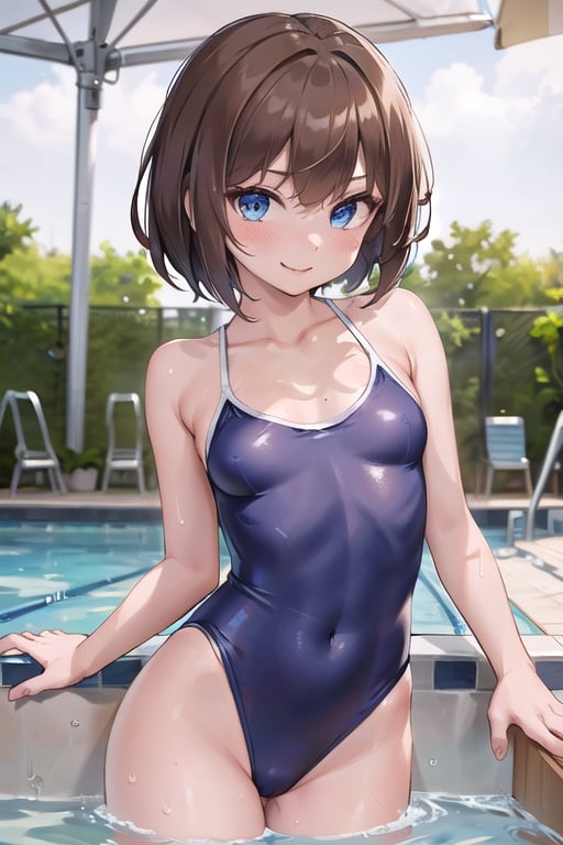 1girl solo , slim, small breasts , brown hair,   slim, athetic, mature,smile,evil face, blue one-piece swimsuit pull, blue eyes, pool,  front  view,