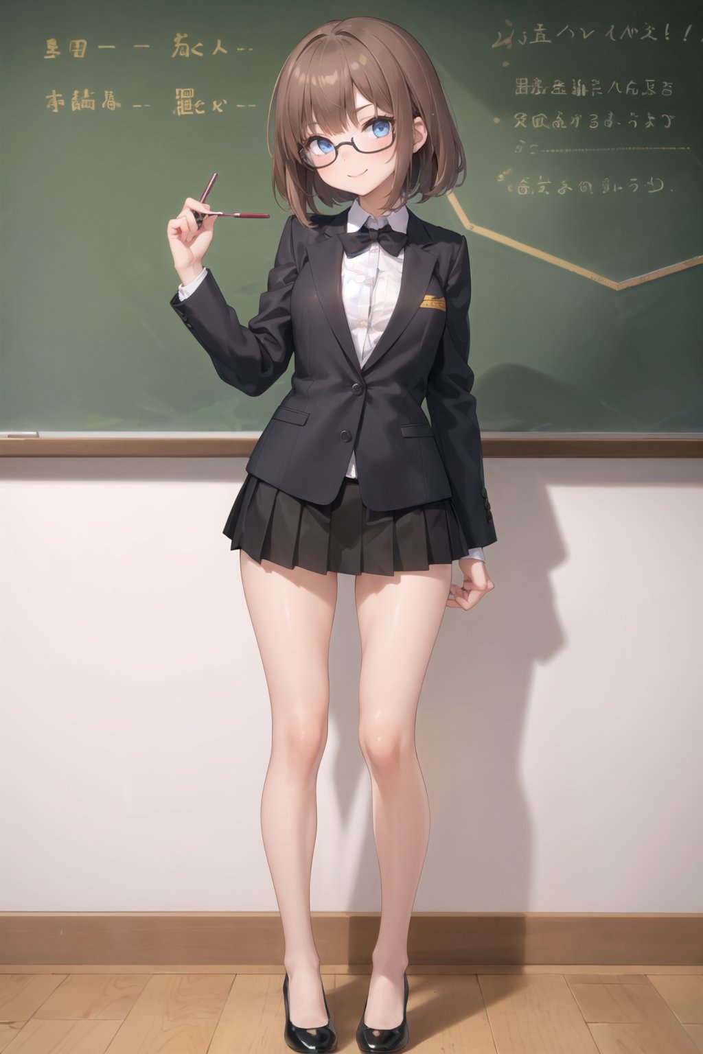 1girl solo , slim, small breasts , brown hair,   slim, athetic, mature,smile,evil face, school, books, black jacket,closed jacket, black tube skirt, black tie , large black circular glasses ,legs, ((standing)),black shoes, Miss,classroom,((the girl is teacher)) ,blue eyes, ((in front of the blackboard the girl teach classes)),(( the girl  write on the board)), black heeled shoes ,front  view