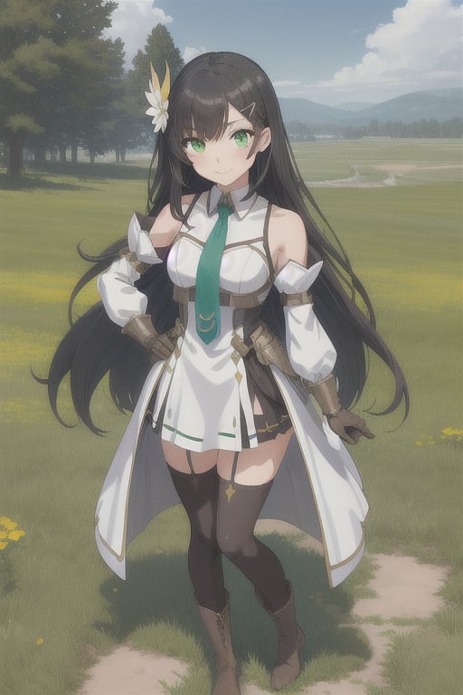 1girl ,solo ,long hair ,looking at viewer ,smile ,black hair ,hair ornament
,thigh highs ,brown gloves, white dress ,green eyes, standing, full body ,brown boots ,detached sleeves ,Light Blue necktie, hairclip, black thighhighs, armor, zettai ryouiki, hand on hip ,brown footwear,sunny day , green Meadow,  front view, shoulder armor,Lia