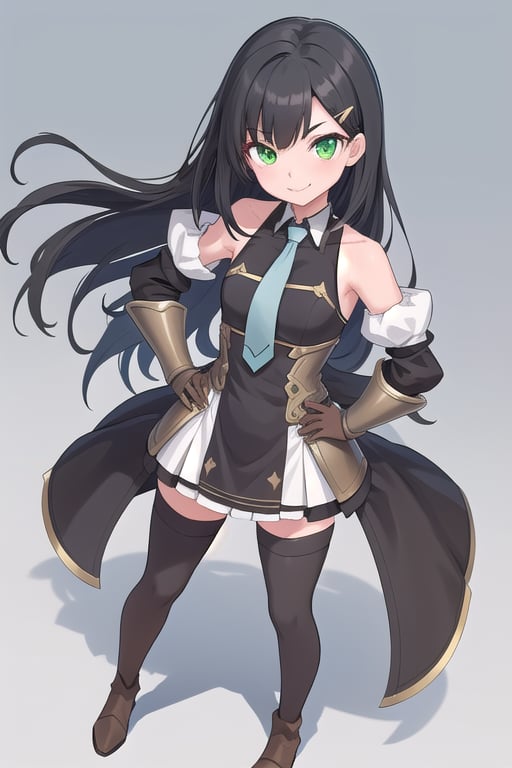 1girl ,solo ,long hair ,looking at viewer ,smile ,black hair ,hair ornament
,thigh highs ,brown gloves, dress green eyes, standing, full body ,brown boots ,detached sleeves ,Light Blue necktie, hairclip, black thighhighs, armor, zettai ryouiki, hand on hip ,brown footwear,sunny day , castle, shoulder armor