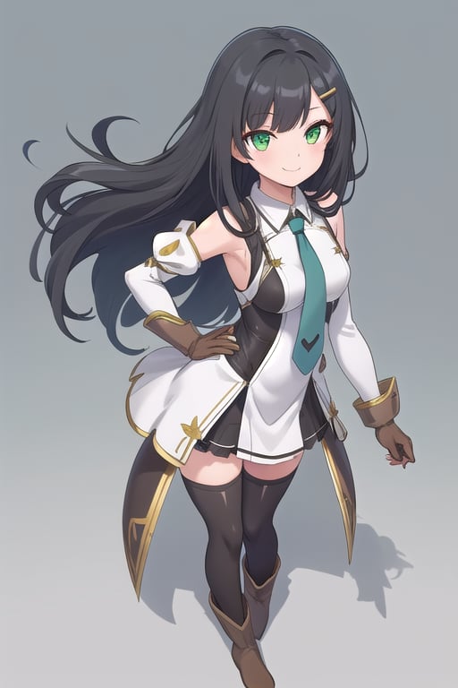 1girl ,solo ,long hair ,looking at viewer ,smile ,black hair ,hair ornament
,thigh highs ,brown gloves, white dress ,green eyes, standing, full body ,brown boots ,detached sleeves ,Light Blue necktie, hairclip, black thighhighs, armor, zettai ryouiki, hand on hip ,brown footwear,sunny day , green Meadow,  front view, shoulder armor,Lia