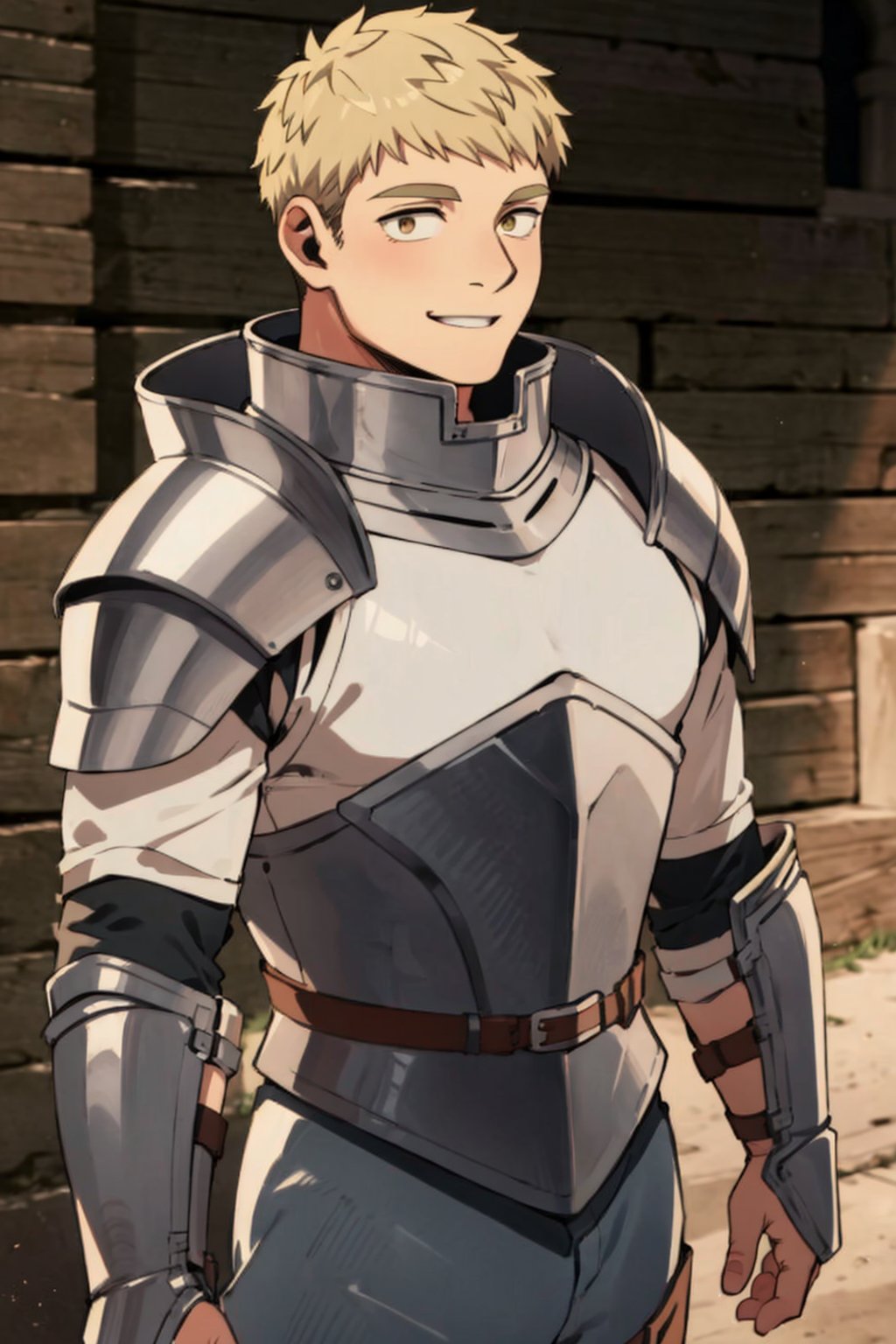 (1 image only), solo male, 1boy, Laios Touden, Delicious in Dungeon, knight, blond hair, short hair, light gold eyes, average height, silver plate armour, silver gauntlets, white shirt under armor, silver knee guards, simple brown boots, smile, handsome, charming, alluring, standing, upper body in frame, perfect anatomy, perfect proportions, 2d, anime, (best quality, masterpiece), (perfect eyes, perfect eye pupil), high_resolution, dutch angle, dungeon location, (Hands:1.1), better_hands