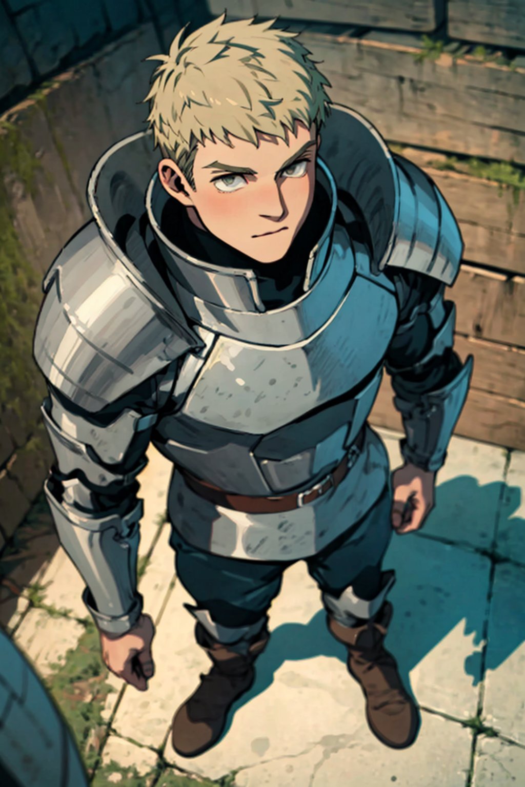 (1 image only), solo male, 1boy, Laios Touden, Delicious in Dungeon, knight, blond hair, short hair, light gold eyes, average height, silver plate armour, silver gauntlets, white shirt under armor, silver knee guards, simple brown boots, handsome, charming, alluring, standing, upper body in frame, perfect anatomy, perfect proportions, 2d, anime, (best quality, masterpiece), (perfect eyes, perfect eye pupil), high_resolution, dutch angle, dungeon location, (Hands:1.1), better_hands