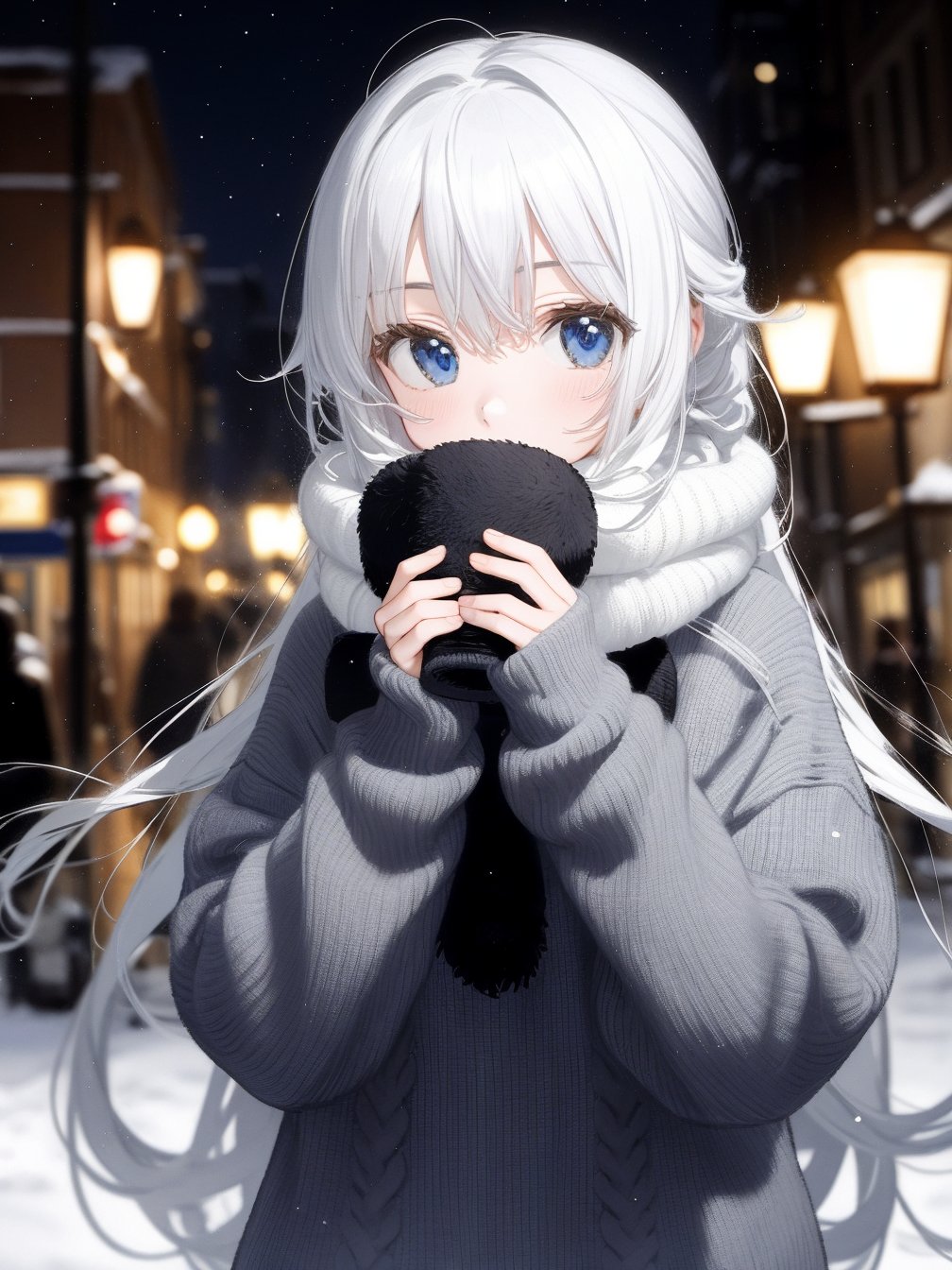 girl, photograph, muffler, sweater, long hair, white breaths,