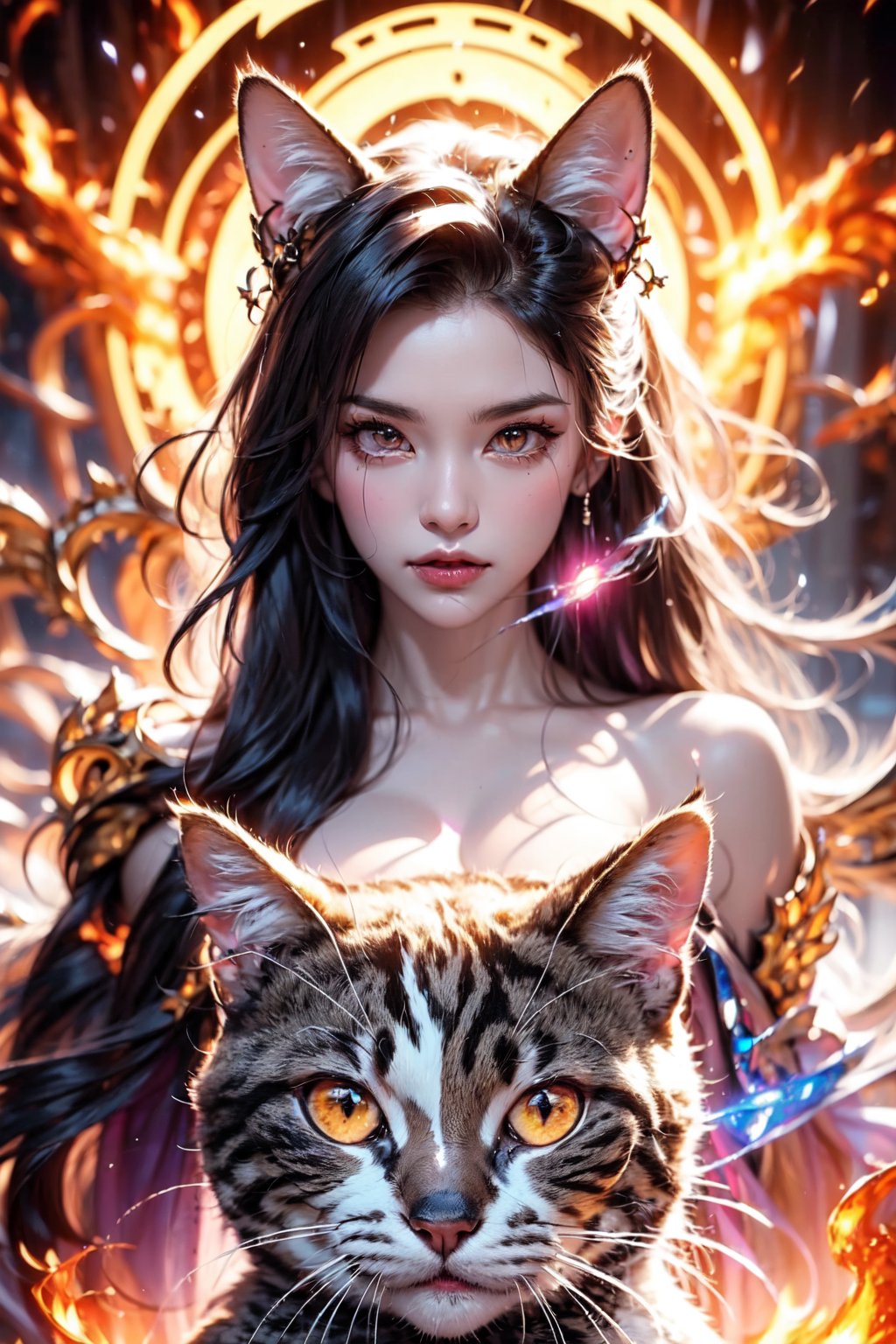 cat,goddess,glowing eyes, fire eye, lightning eye, glow, 