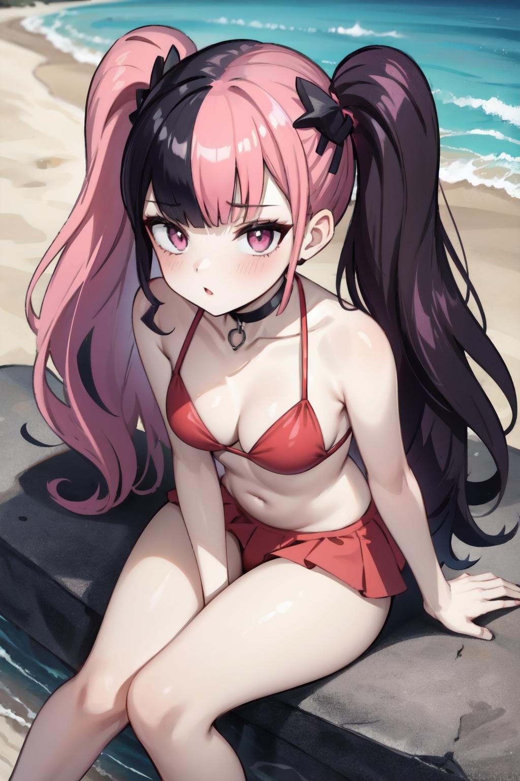 zoe rayne, 1girl, solo, twintails, split-color hair, pink eyes, red bikini, bare shoulders, (looking at viewer),pov, long hair, blunt bangs, black choker, medium breasts, pale skin, (pink hair), black hair, sidelocks, outdoors,beach, palm, ocean,sitting, hand between legs,from above,stone wall, (best quality, masterpiece)