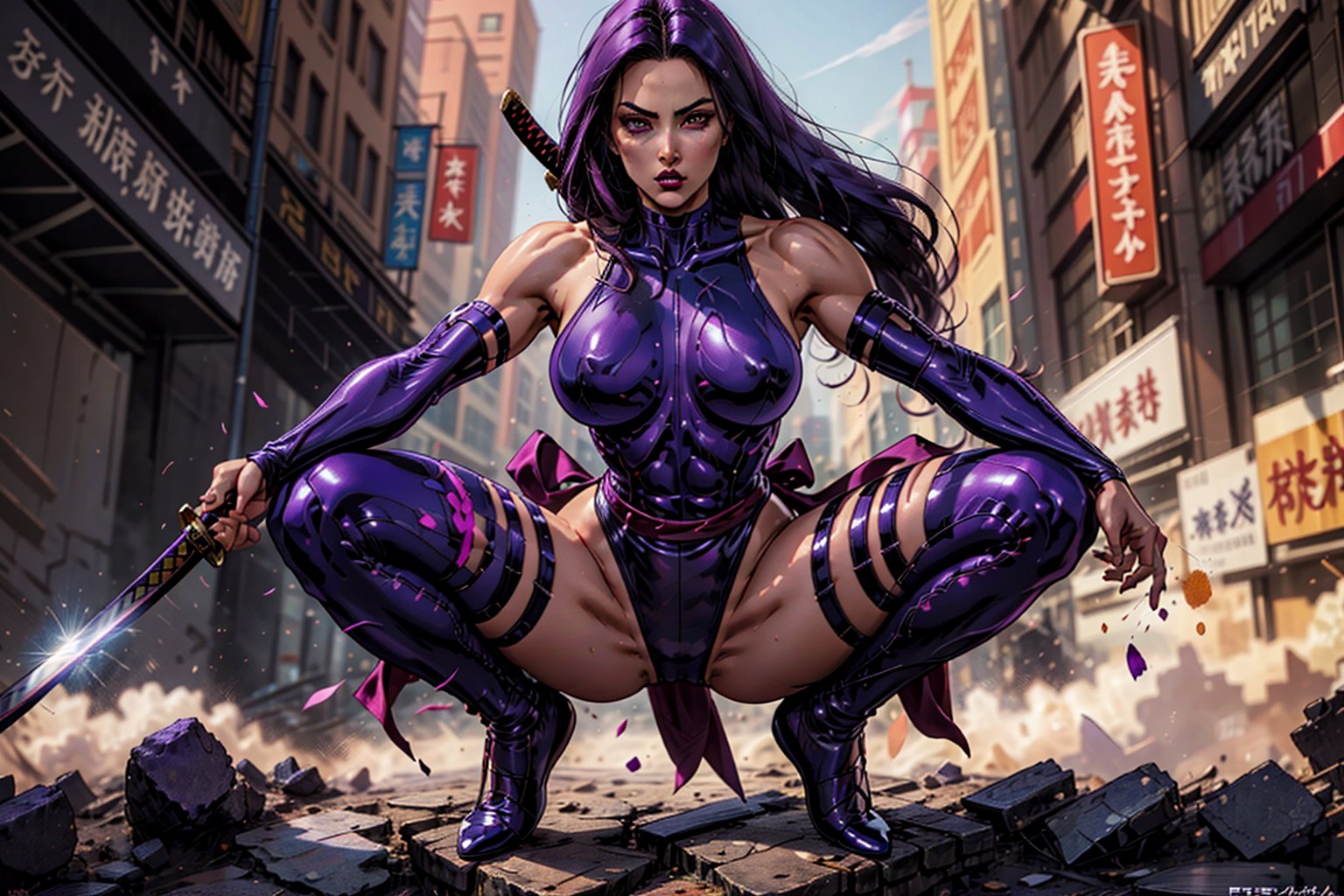 psylocke, long hair, large breasts, psylocke leotard costume, muscular female, lipstick, holding a  katana, crouching, medium long shot