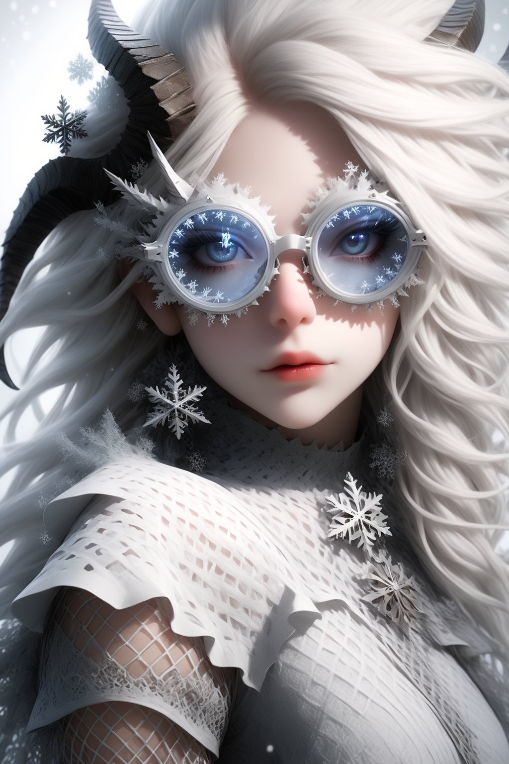 1 girl, (masterful), albino demon girl with lethargic sleepy smokey eyes,(white dreadlocks hair),((slit pupil eyes)),mesh fishnet blouse, (long intricate horns:1.2) ,wearing snowflake glasses,(viewed from side:2.0),
best quality, highest quality, extremely detailed CG unity 8k wallpaper, detailed and intricate, 
,steampunk style,Glass Elements,snowflake glasses