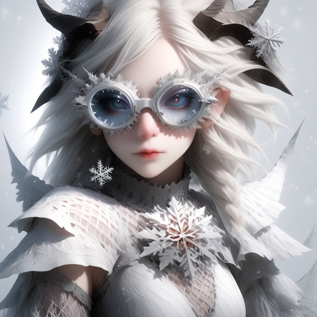 1 girl, (masterful), albino demon girl with lethargic sleepy smokey eyes,(white dreadlocks hair),((slit pupil eyes)),mesh fishnet blouse, (long intricate horns:1.2) ,wearing snowflake glasses,(upper body:1.5),
best quality, highest quality, extremely detailed CG unity 8k wallpaper, detailed and intricate, 
,steampunk style,Glass Elements,snowflake glasses