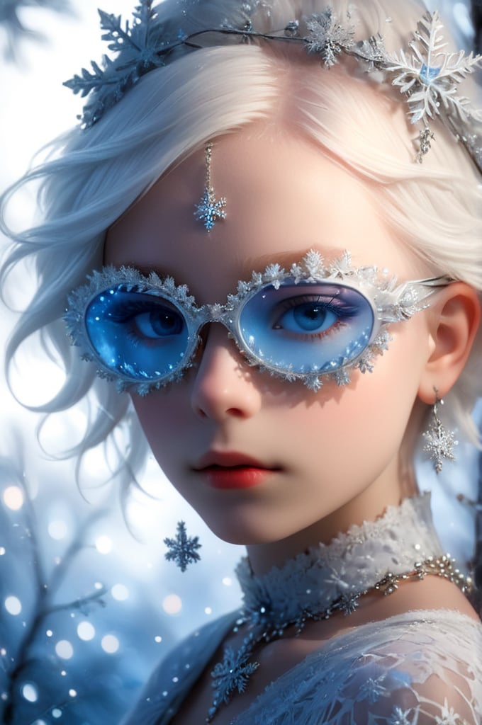 ((Bokeh:1.5)),((Soft focus:1.5)),(Fog),((blur)),(Lens Flare),
The Childlike Empress,stunning beautiful young albino girl,14 yers old,alabaster skin,very short brown  hair,wearing snowflake glasses,((Slicked back hair)),(head chain with jewelry stone),((viewed from side:1.5)),
girl has Beautiful blue eyes, soft expression, Depth and Dimension in the Pupils, She wears white delicate fractal pattern lace dress, , creating a sense of movement and depth.
p3rfect boobs,3d toon style,snowflake glasses