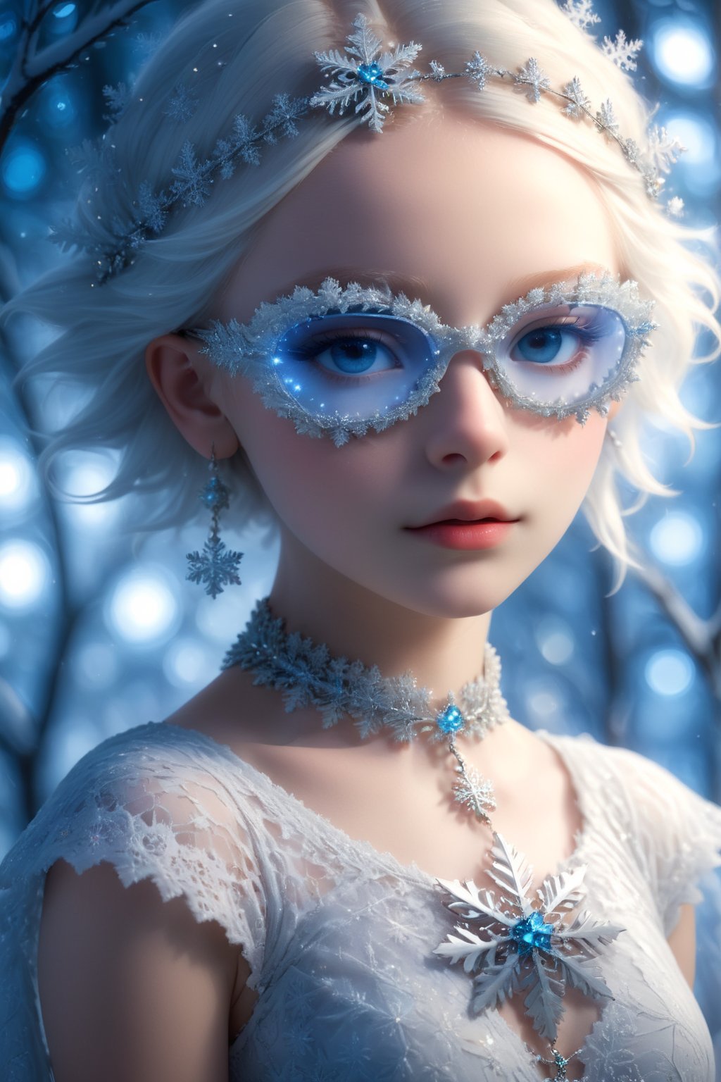 ((Bokeh:1.5)),((Soft focus:1.5)),(Fog),((blur)),(Lens Flare),
The Childlike Empress,stunning beautiful young albino girl,14 yers old,alabaster skin,very short brown  hair,wearing snowflake glasses,((Slicked back hair)),(head chain with jewelry stone),((Forehead)),
girl has Beautiful blue eyes, soft expression, Depth and Dimension in the Pupils, She wears white delicate fractal pattern lace dress, , creating a sense of movement and depth.
p3rfect boobs,3d toon style,snowflake glasses