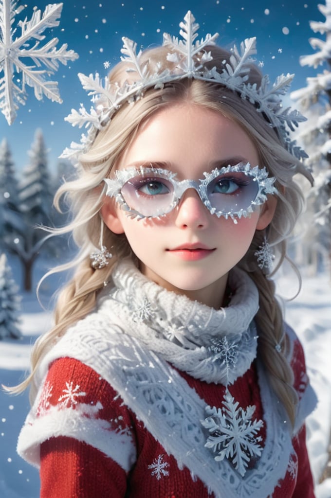 
In this Christmas scene, a petite girl stands alone in the snowy landscape. She wears a red Christmas hat, and her long hair dances in the chilly breeze.wearing snowflake glasses, Wrapped in a deep red wool sweater, her scarf is adorned with delicate snowflake patterns.

The cold air tinges her cheeks with a slight rosy hue, while her eyes sparkle with warm anticipation. The slightly upturned face reveals a hope for the Christmas miracle. Snowflakes create a silver crown on her hair, as if crafting an ice and snow tiara for her.

Though her hands are not visible from behind, her posture exudes tranquility and expectation. Surrounding her is a silver-clad snowy scene, with a Christmas tree adorned with dazzling lights and gifts. The entire scene emanates warmth and joy, as if the magic of Christmas is about to unfold around her.,snowflake glasses