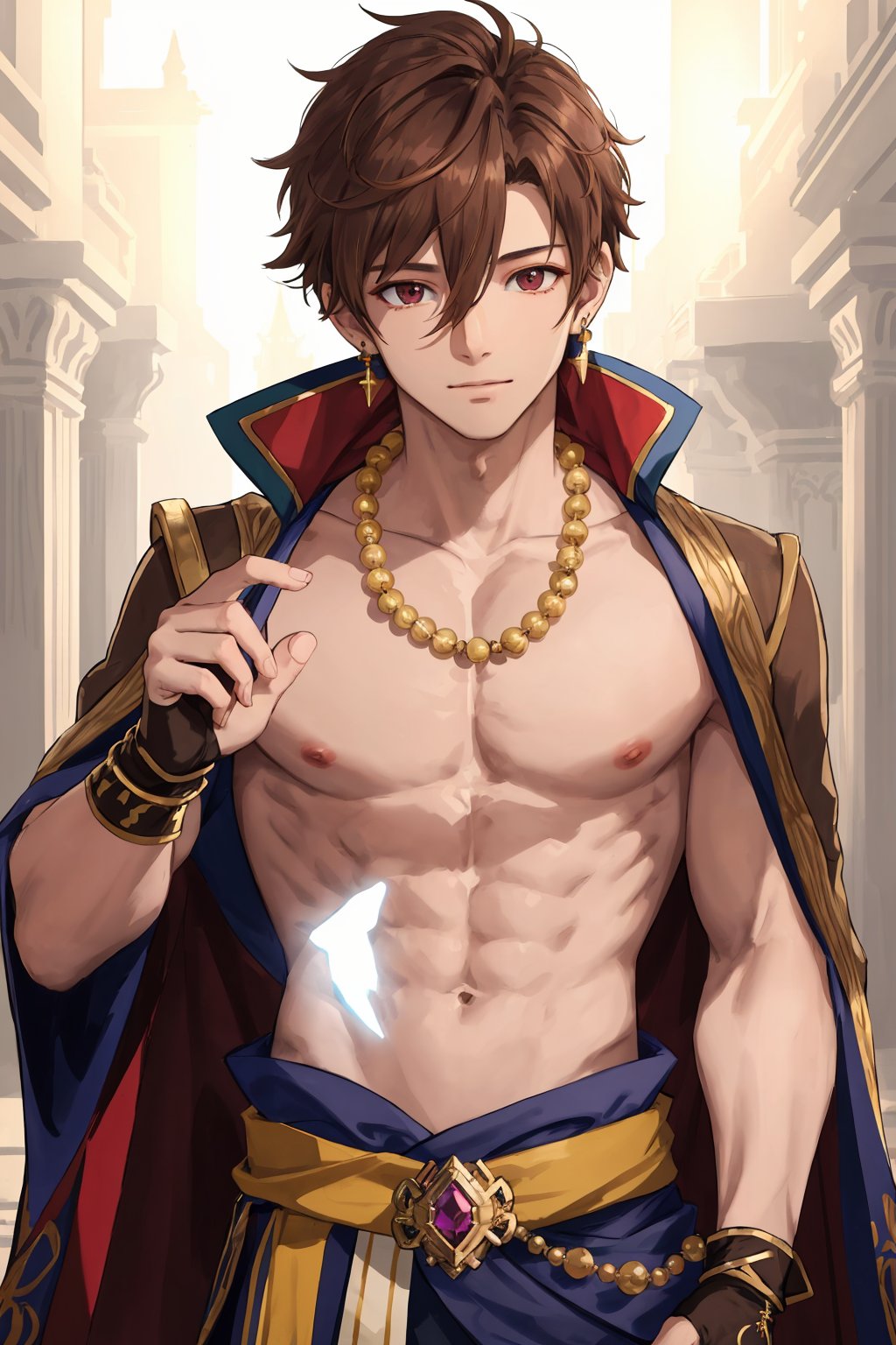 1boy, beads, colored extremities, depth of field, earrings, fingerless gloves, glint, hair between eyes, 
jewelry, light brown hair, male focus, nail polish, on stomach, ring, sash, topless male, upper body