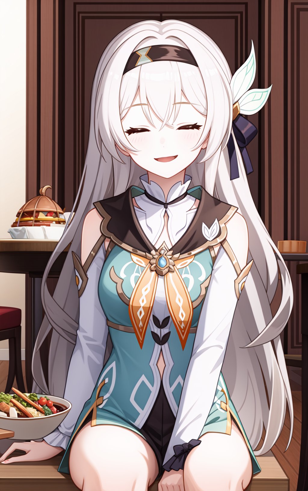 1girl,a girl named liuying,liuying,long sleeves,long hair,high quality,black hairband,(purple eyes:0.6),light smile,grey hair,bare legs,<lora:流萤21-000011:0.9:lbw=char>,indoors,detailed face,cowboy shot,bright pupils,(tongue out:1.2),(purple eyes,blue eyes,pink eyes:0.0),narrowed eyes,smile,(closed eyes:1.2),restaurant,sitting,table,nabe,restaurant,hand on table,, (masterpiece,best quality:1.2),absurdres, high quality,