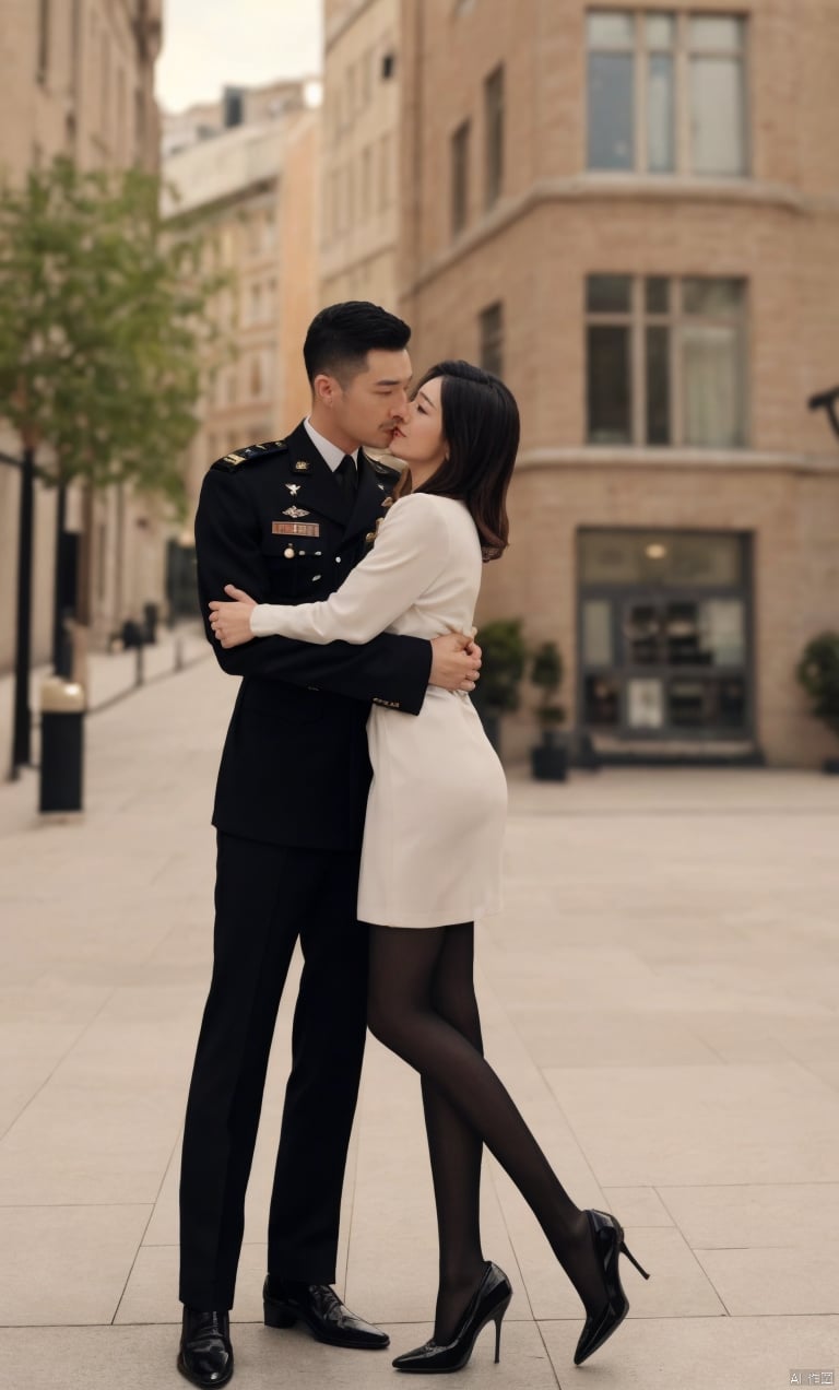  👫,a Handsome man and a sexy woman hugging together,(masterpiece, realistic, Realism, best quality, highly detailed, 8K Ultra HD, sharp focus, profession), Asian,exquisite facial features,(muscular man, wearing military_uniform), (slim woman, wearing dress,high heels), face to face, affectionate, charming eyes, outdoors, soft lighting,1man, blackpantyhose,  plns, jzns, hzbz, plns