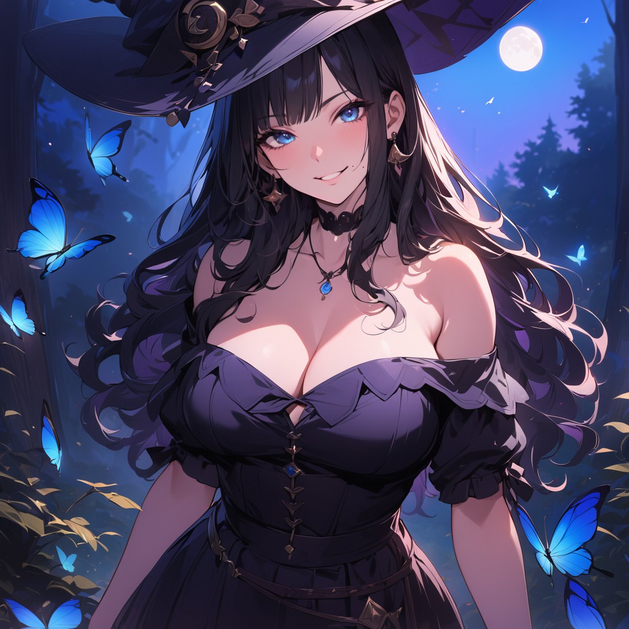 ((masterpiece, best quality, highres, absurbres, 8k)), extremely detailed illustration, [cinematic], uhd, perfect face, looking at viewer, ((close up)), 1girl, black hair, long hair, wavy hair, bangs, blue eyes, ((witch outfit)), skirt, necklace, earings, wrist_band, voloptuous body, curvy hips, medium breasts, cleavage, bare shoulder, outdoors, night, moon, blue luminescence butterflies, smirk, (mole under mouth), twilight_sparkle, forest,niji6