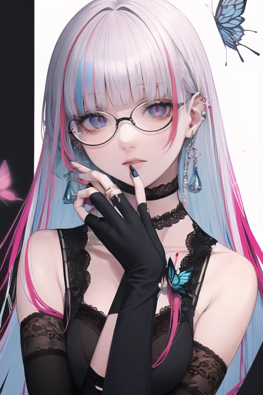 1girl, solo, long hair, looking at viewer, smile, bangs, blue eyes, red eyes, gloves, jewelry, pink hair, white hair, multicolored hair, earrings, glasses, choker, black gloves, blunt bangs, fingerless gloves, nail polish, heterochromia, piercing, ring, bug, butterfly, ear piercing, black nails, lace, red lips, lace gloves