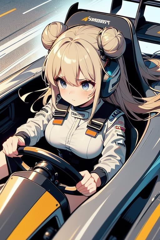 (((masterpiece))), (((best quality))), (((from above))), (((driving a formula racing))), ((fingers on (steering wheel))), sitting on cockpit, sharp eyes, helmet, dark gray jacket, gray uniform, speed lines, electric current, spiral wind, neon lights, dust, spark, shards, 1girl, big tits, blonde twinbun hair, sweat, slim figure, big turn,<lora:girllikeformularacing_v20:1>