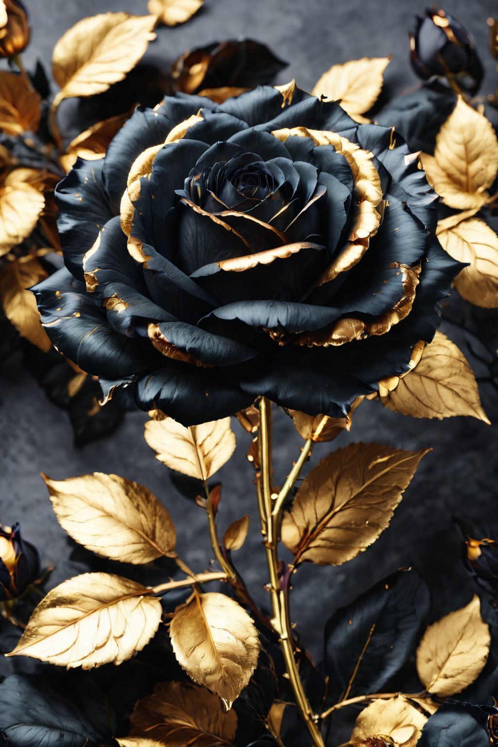 realistic black rose, golden details on petals, high resolution, ultra detailed texture, vibrant contrast, elegant design, by FuturEvoLab, (masterpiece: 2), best quality, ultra highres, original, perfect lighting, rich colors, 