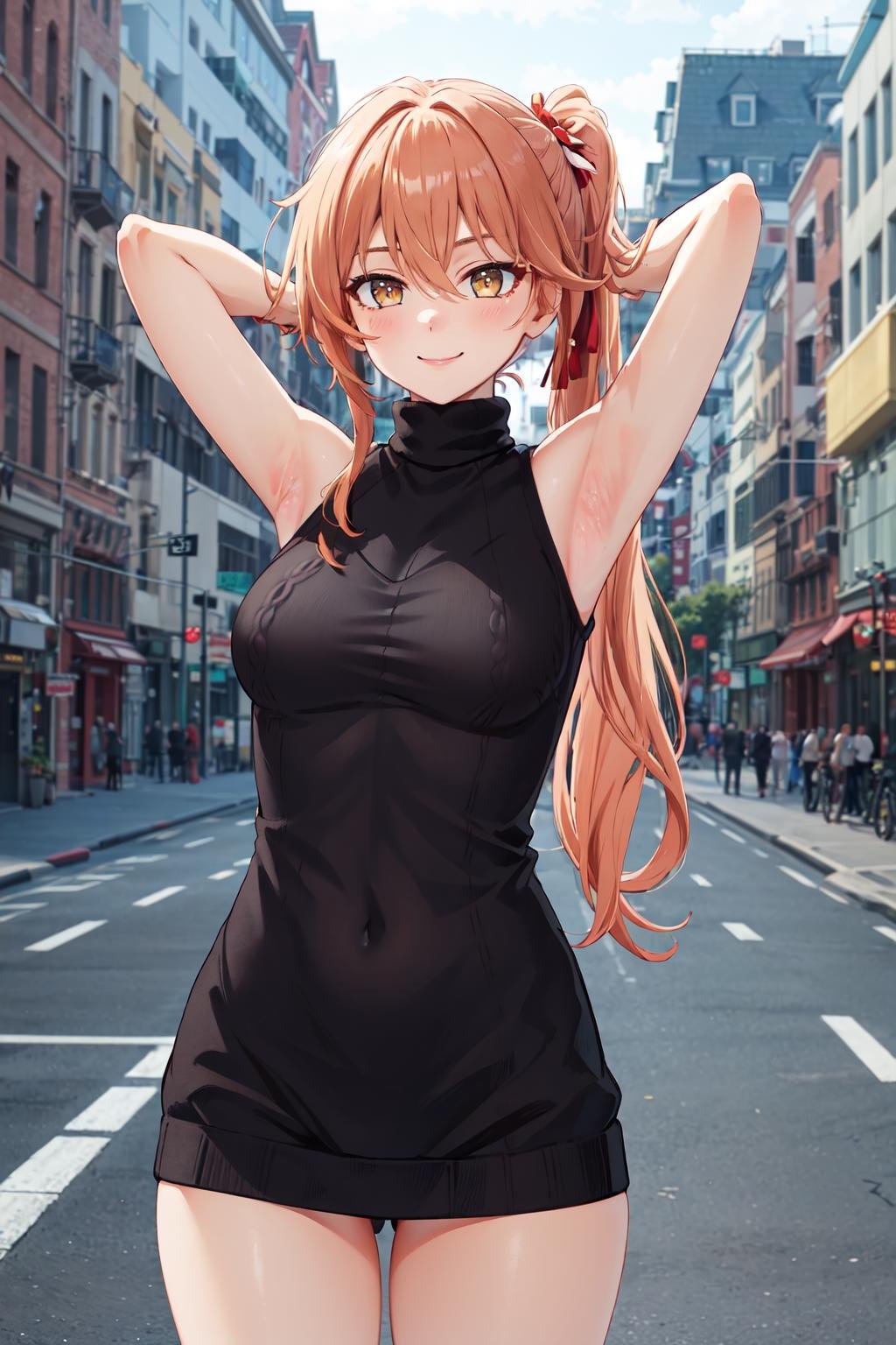 masterpiece,best quality,highres,ultra-detailed,guinaifen,long hair,side ponytail,bangs,hair between eyes,<lora:guinaifen_(honkai_star_rail):0.7>,(sweater:1.2),(turtleneck:1.2),street,smile,standing,(sleeveless:1.4),arm_behind_head,arms_up,cowboy shot,no pants,