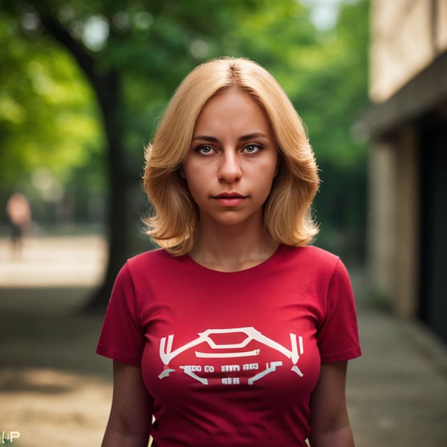 (very detailed), (ultra realistic), photography, 1 woman, light skin, grimace, alone, blonde hair, upper body, looking at viewer, t-shirt, red t-shirt, outdoors, depth of field, blurred background, , VaneL