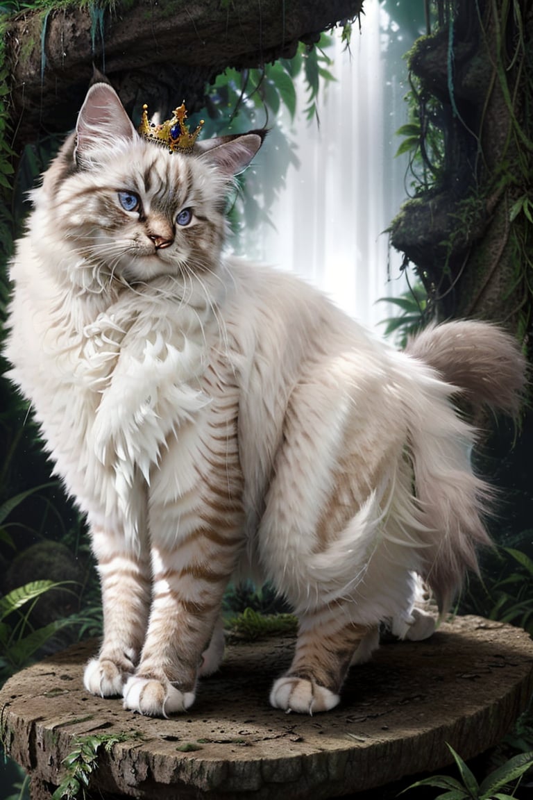 Dense colorful jungle, birman cat, wearing crown, standing on rock, looking at viewer, super detailed, cinematic lighting