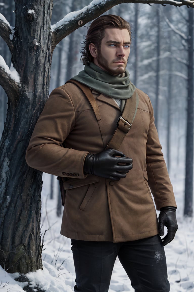 (human), (1 image only), solo male, Vasily Pavlichenko, Golden Kamuy, Russian, sniper, brown hair, blue eyes, sharp eyes, defined eyelashes, furrowed brow, wavy medium-length hair, bold sideburns, short and neat Shenandoah beard, lightly-colored coat, dark gloves, scarf, pants, boots, crossbody bag, handsome, charming, alluring, standing, upper body in frame, perfect anatomy, perfect proportions, 2d, anime, (best quality, masterpiece), (perfect eyes, perfect eye pupil), high_resolution, dutch angle, snowy forest, better_hands,(1man)