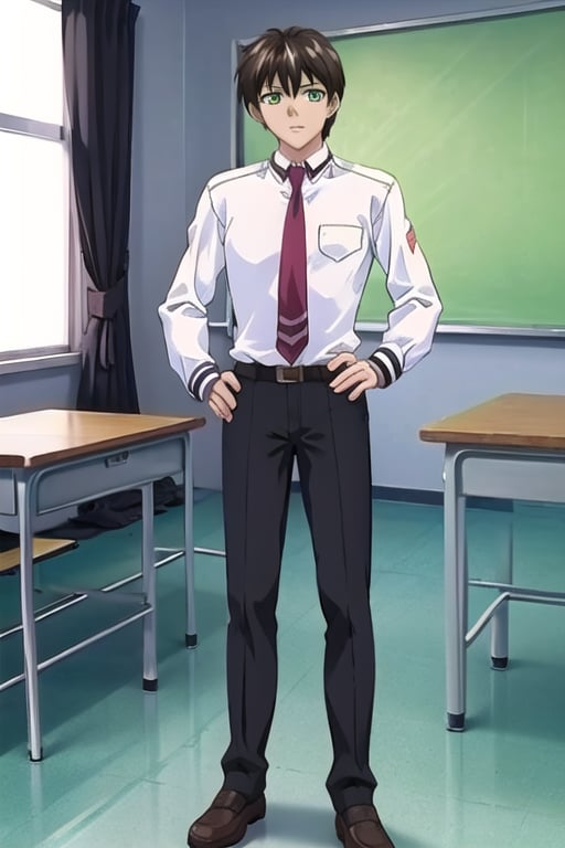 solo

looking at viewer



shirt

black hair

long sleeves

1boy

school,
classroom,

school uniform

standing

full body

white shirt

male focus

necktie

belt
tall,
brown shoes,
athetic,
mature,
black pants,
green eyes,
boy brunette,

hand on hip
brown footwear,
dark-skinned male

