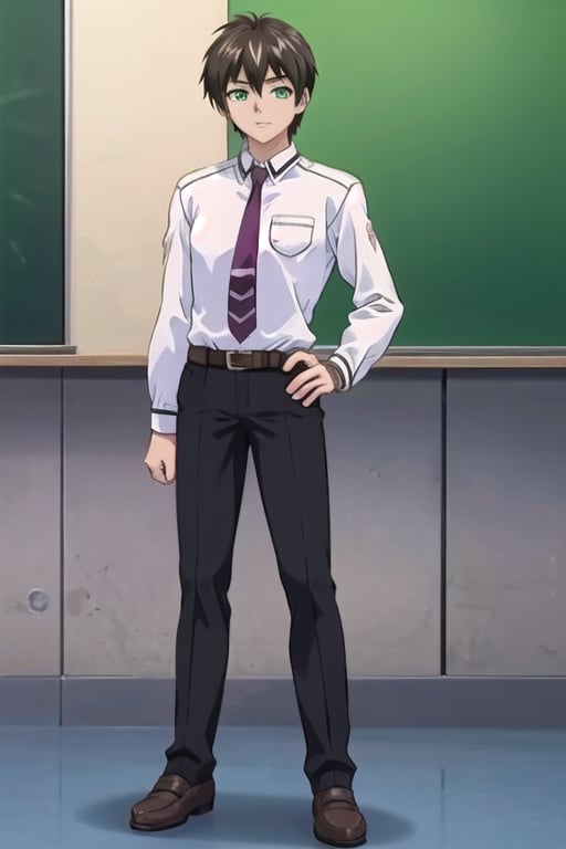 solo

looking at viewer



shirt

black hair

long sleeves

1boy

school,
classroom,

school uniform

standing

full body

white shirt

male focus

necktie

belt
tall,
brown shoes,
athetic,
black pants,
green eyes,
boy brunette,

hand on hip

brown footwear

dark-skinned male

