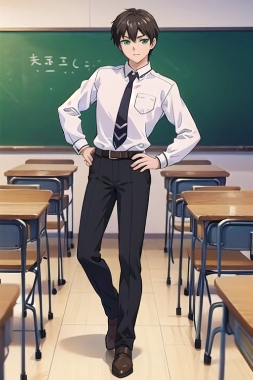 solo

looking at viewer



shirt

black hair

long sleeves

1boy

school,
classroom,

school uniform

standing

full body

white shirt

male focus

necktie

belt
tall,
brown shoes,
athetic,
mature,
black pants,
green eyes,
boy brunette,

hand on hip
brown footwear,
dark-skinned male

