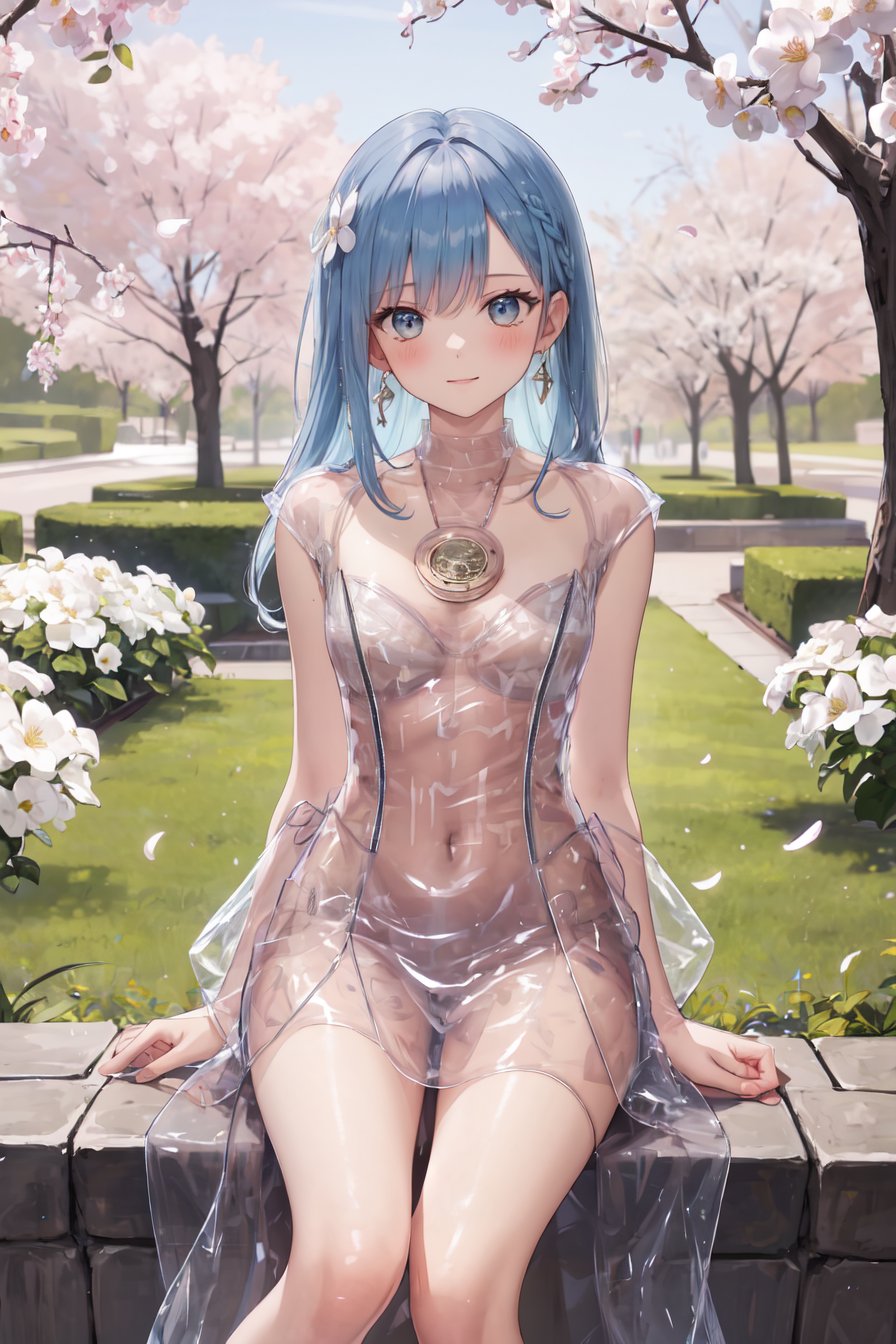 masterpiece,best quality,highres,ultra-detailed,solo,cowboy shot,1girl,medium_breasts,long hair,light blue hair,sitting,outdoors,garden,cherry blossom,trees,see-through dress,