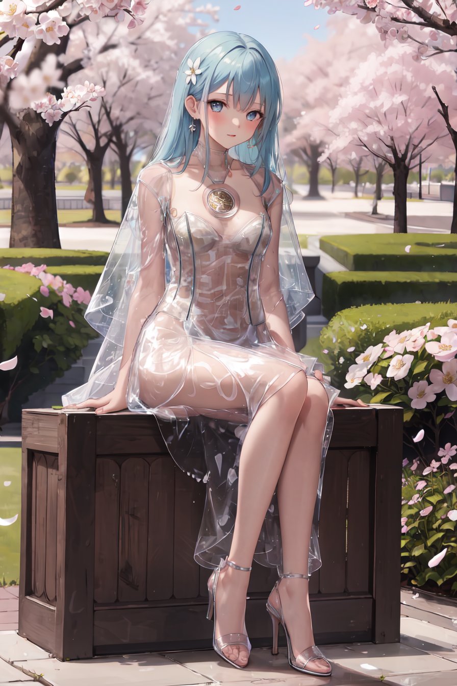 masterpiece,best quality,highres,ultra-detailed,solo,full body,1girl,medium_breasts,long hair,light blue hair,sitting,outdoors,garden,cherry blossom,trees,see-through dress,high heels,