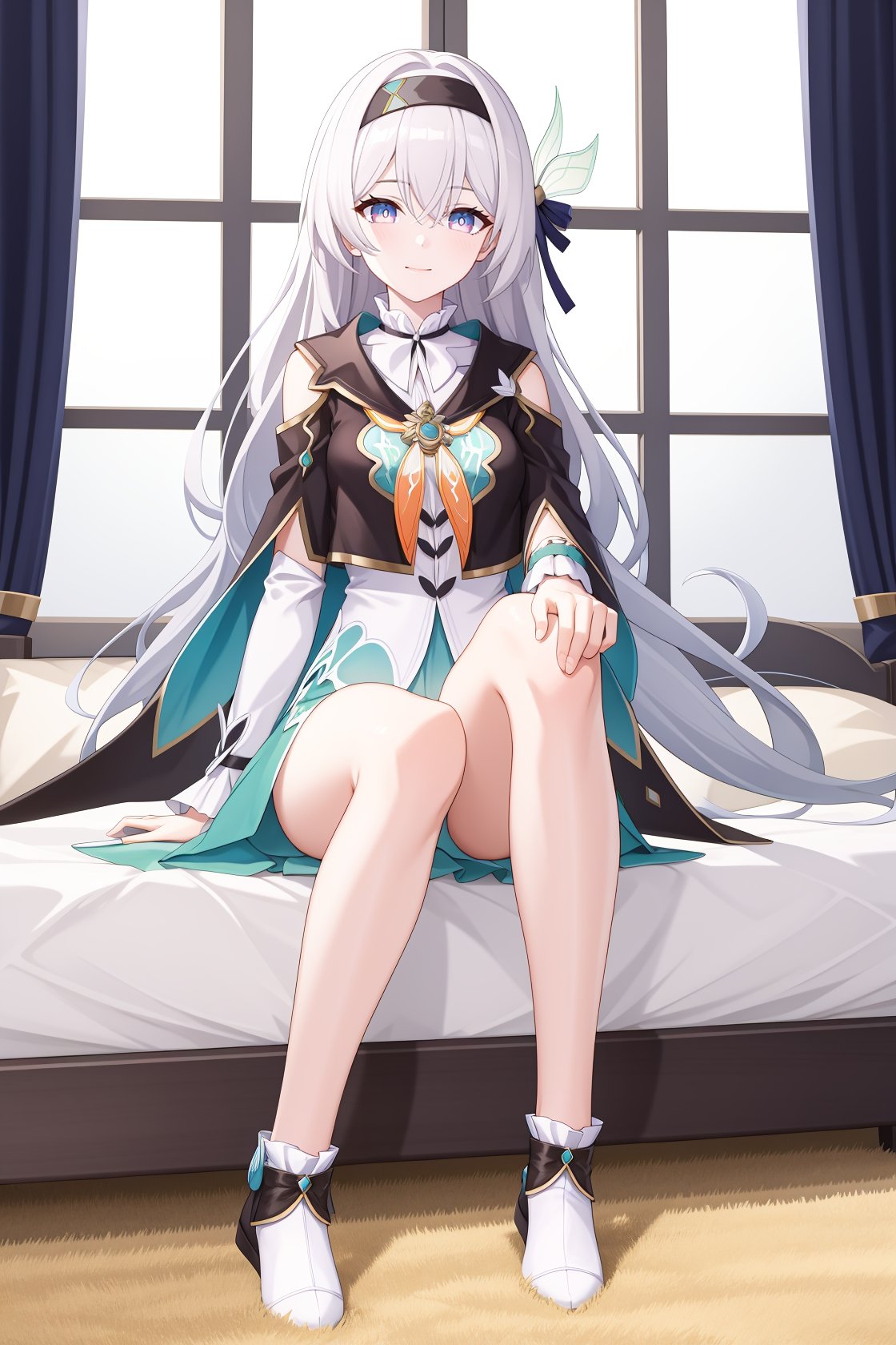 1girl,a girl named liuying,liuying,long sleeves,long hair,high quality,black hairband,(purple eyes:0.6),light smile,black capelet,green dress,full body,grey hair,bare legs,<lora:流萤21-000011:0.9:lbw=char>,sitting,spread legs,indoors,bedroom, (masterpiece,best quality:1.2),absurdres, high quality,