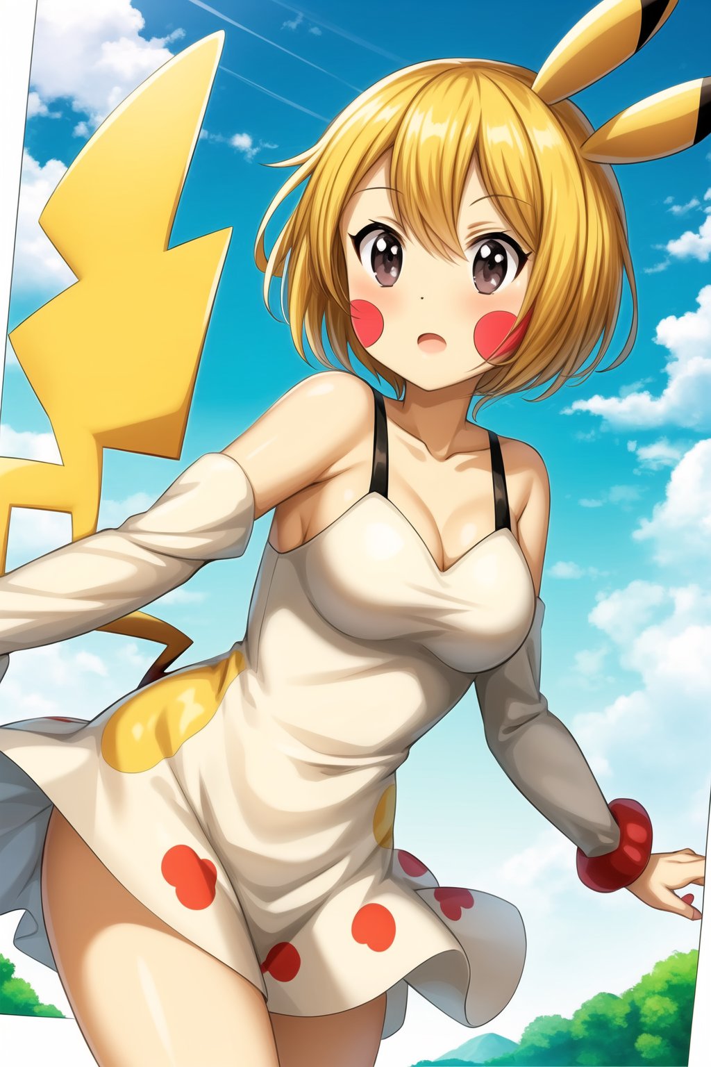 pikachup, 1girl, solo, breasts, short hair, blonde hair, medium breasts, dress, long_s tail, day, pokemon (creature), blush stickers, pikachu, personification, long_sleeves, animal ears