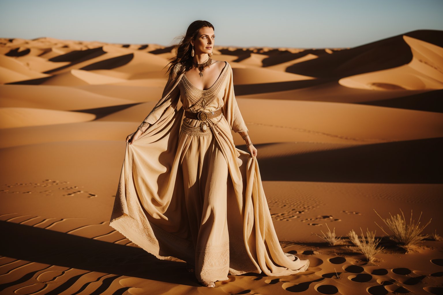 A woman with piercing yellow eyes and skin etched with ancient tattoos rises from the desert sands. Her regal gown is woven from desert blooms and weathered bones, a symbol of her dominion over the unforgiving land. She holds a skull scepter, her expression a mix of power and vulnerability as she stands on the precipice of her kingdom, reborn from the earth itself,more_details,photorealistic,Masterpiece