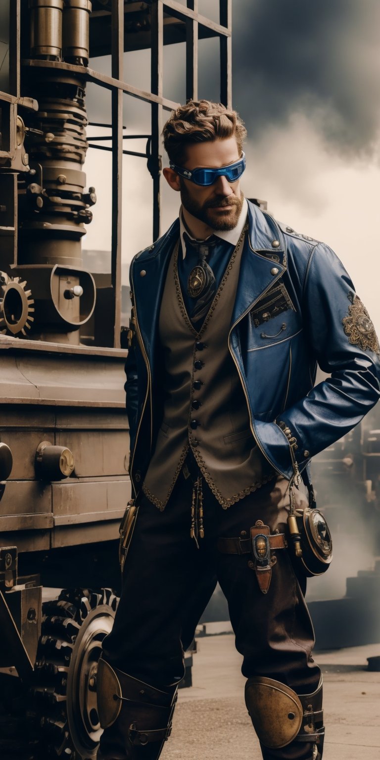 A captivating portrait of a man with neatly trimmed facial hair and piercing blue eyes set behind goggles adorned with gears and miniature clockwork contraptions. He wears a weathered leather jacket adorned with pockets bursting with tools and gadgets, layered over a crisp white shirt and waistcoat adorned with intricate brass buttons. His trousers are tucked into polished boots, and a satchel overflowing with blueprints hangs from his shoulder. He stands confidently against a backdrop of towering steam-powered machinery, bathed in the warm glow of gaslight, exuding an air of innovation and invention,y2k_fashion,more_details