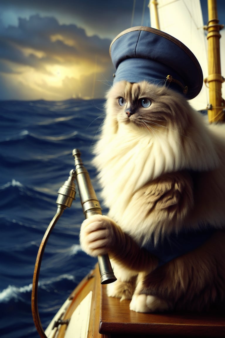 On old style sailing ship, sea battle, night, storm, cannon fire,   (birman cat, wearing sea captains hat on head), holding an old style spyglass,  super detailed,  realistic, dslr, (((no humans)))