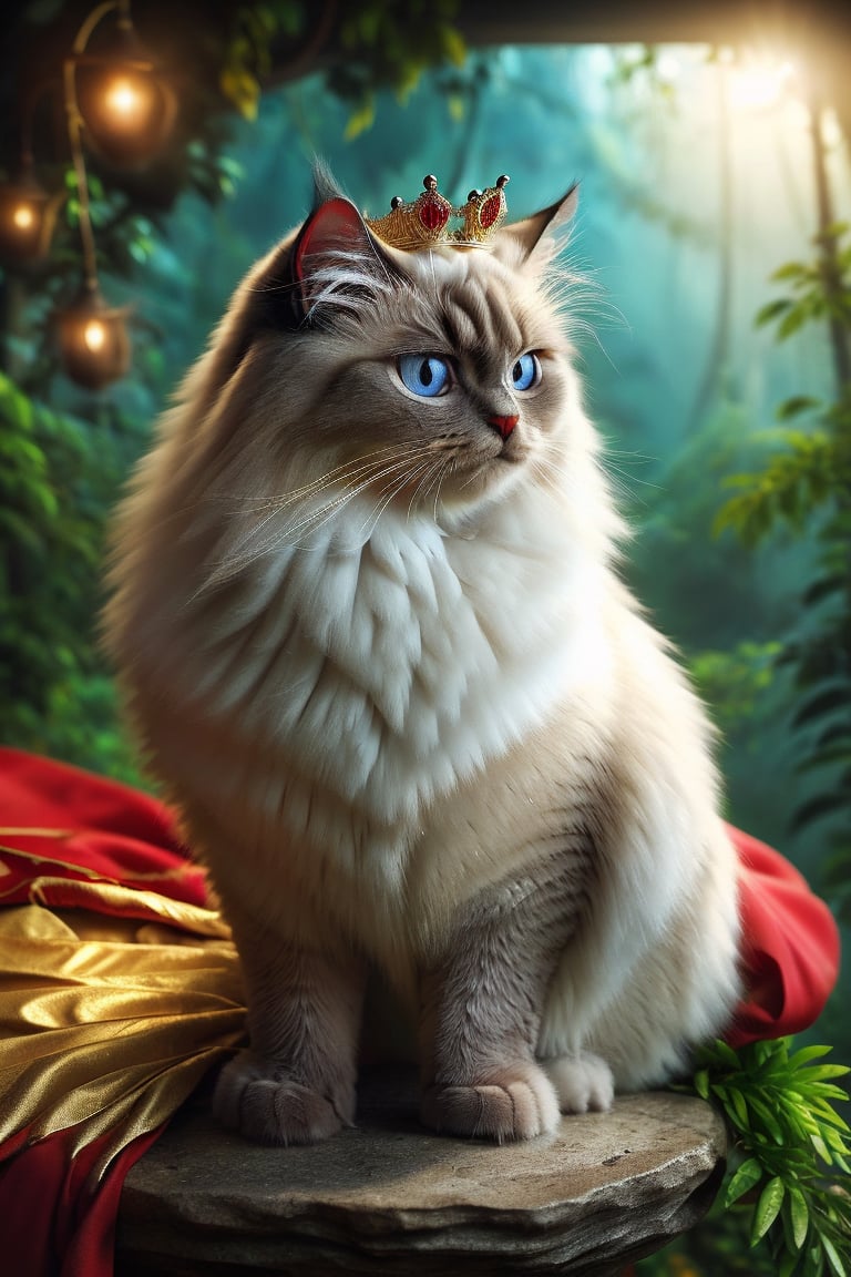 Mountain, tall rock, (only one birman cat), sitting, (wearing golden crown and red cape), looking at viewer, super detailed, jungle background, realistic, dslr, lights and shadows