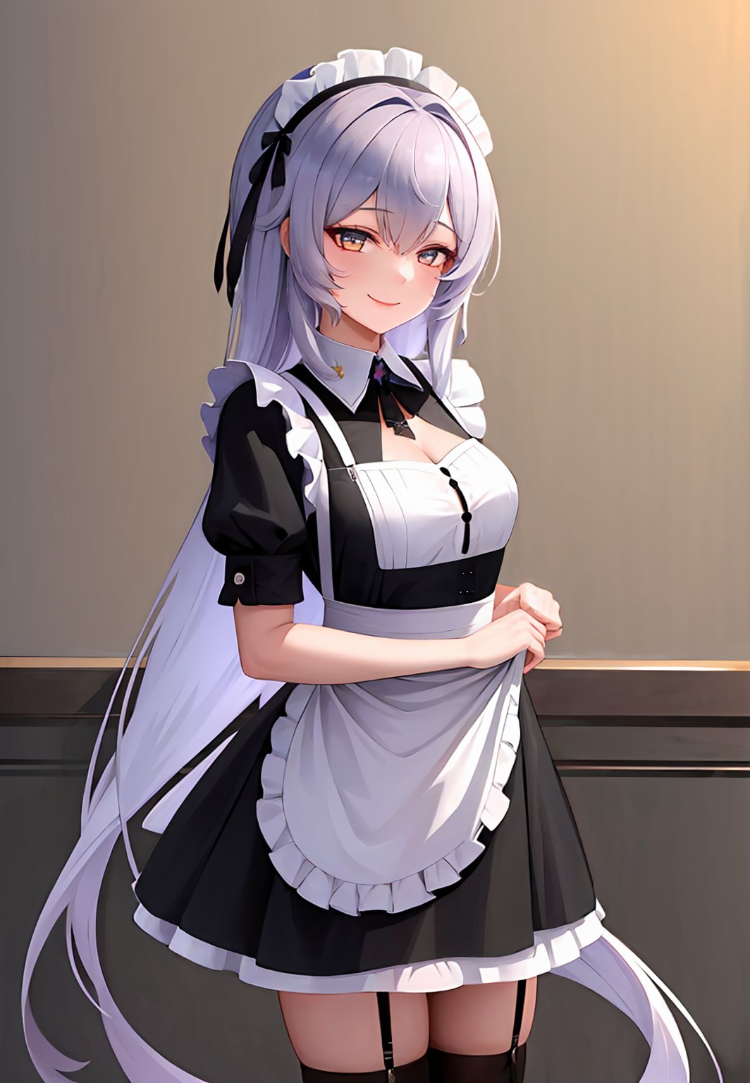 ((masterpiece,best quality)), 1girl, blackswan, maid apron, maid headdress, white thighhighs, smile, 