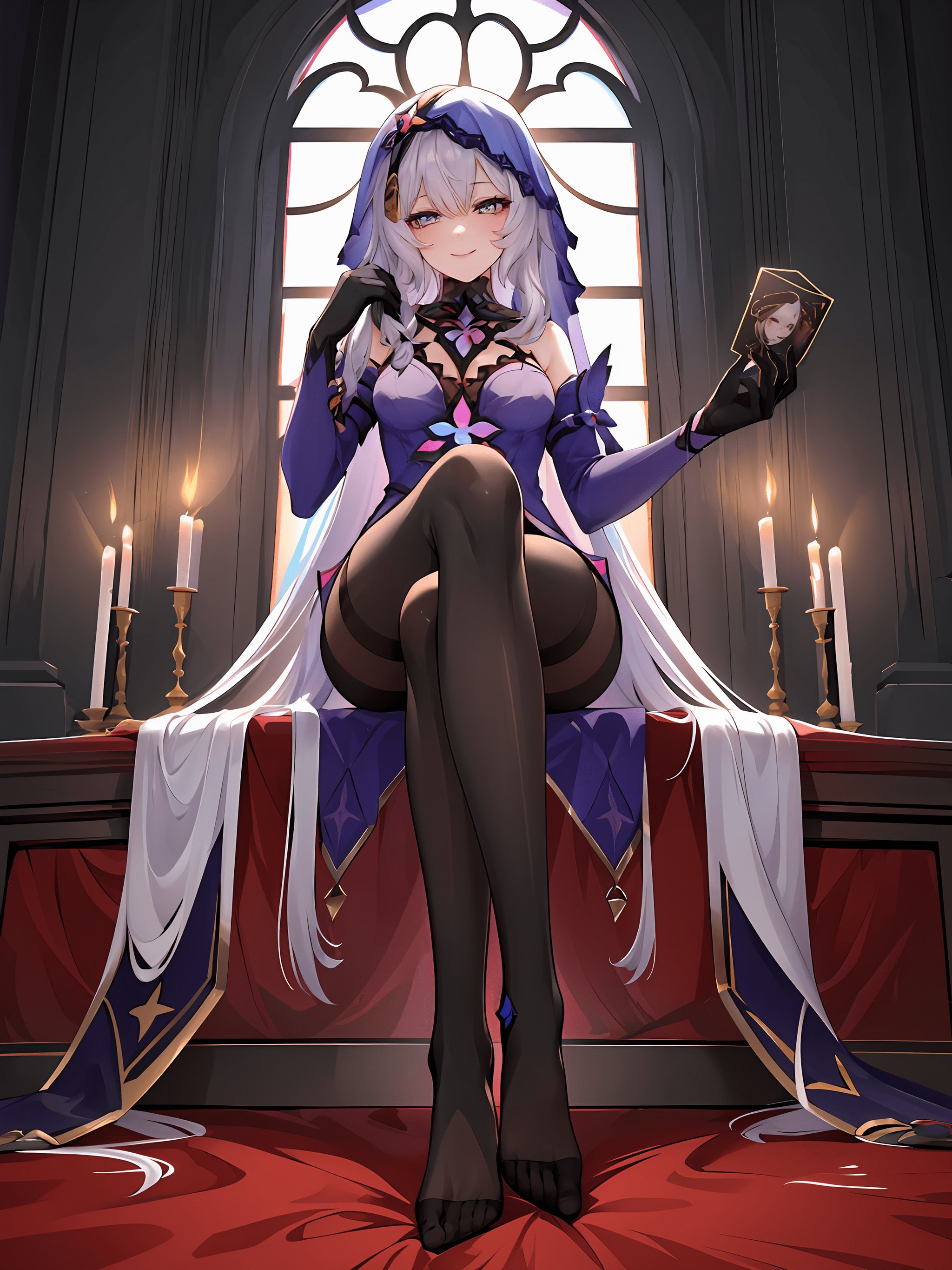 ((masterpiece,best quality)), 1girl, blackswan, veil, elbow gloves, black pantyhose, no shoes, sitting, crossed legs, (from below:1.2), smile, holding card, tarot, full body, candle,