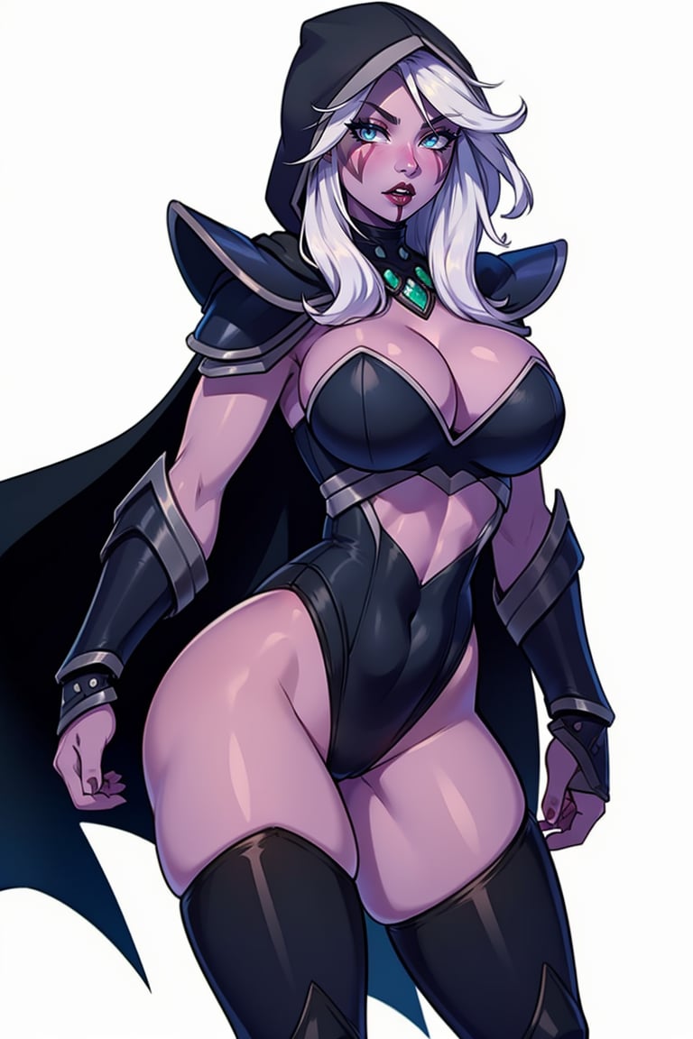 <lora:DotA_DrowRanger-DEF:0.8> drowdef, hood, leotard, cleavage, vambraces, colored skin, cape, thigh boots, cowboy shot, white background