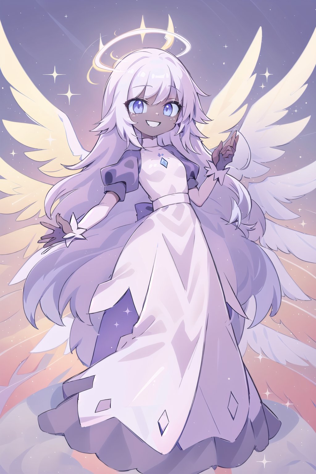 1girl, solo, angel, wings, multiple wings, dark skin, grey skin, blue eyes, happy smile, black lips, dress, hands up, standing, full body, white wings, holo, crystal holo, puffy sleeves, long gloves, 2d