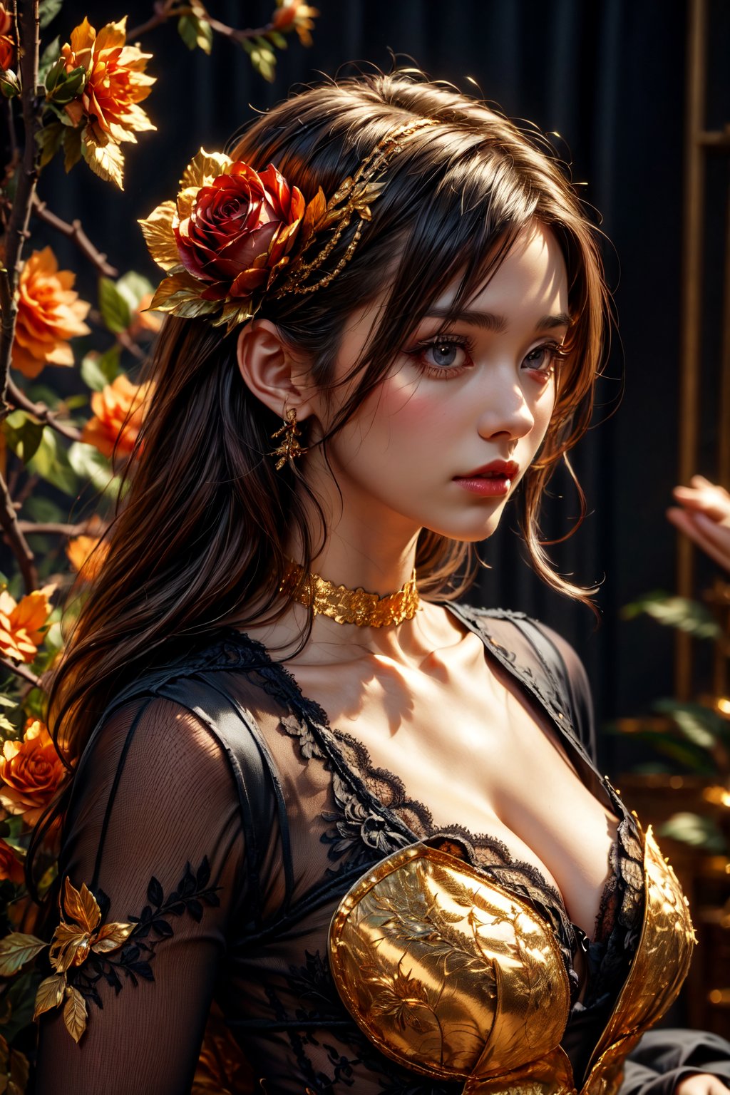 Woman with hidden gaze, nestled among realistic blooms and Gold Edged Black Roses, deep colors, intricate details, by FuturEvoLab, elegant atmosphere.