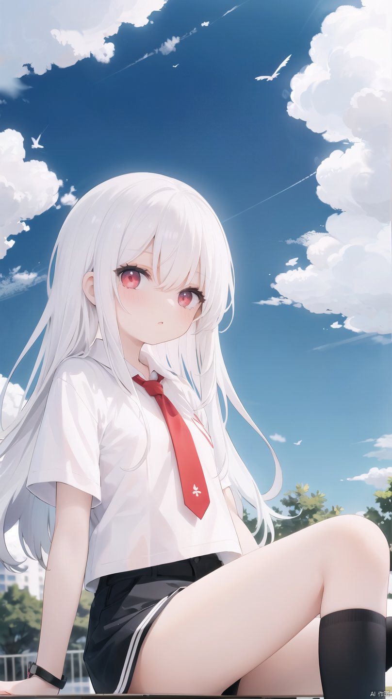  1girl, long hair, White hair, red eyes, jitome, flat chest, sitting, on park, day, blue Sky, clouds, black shorts, White shirt, long legwears, camera