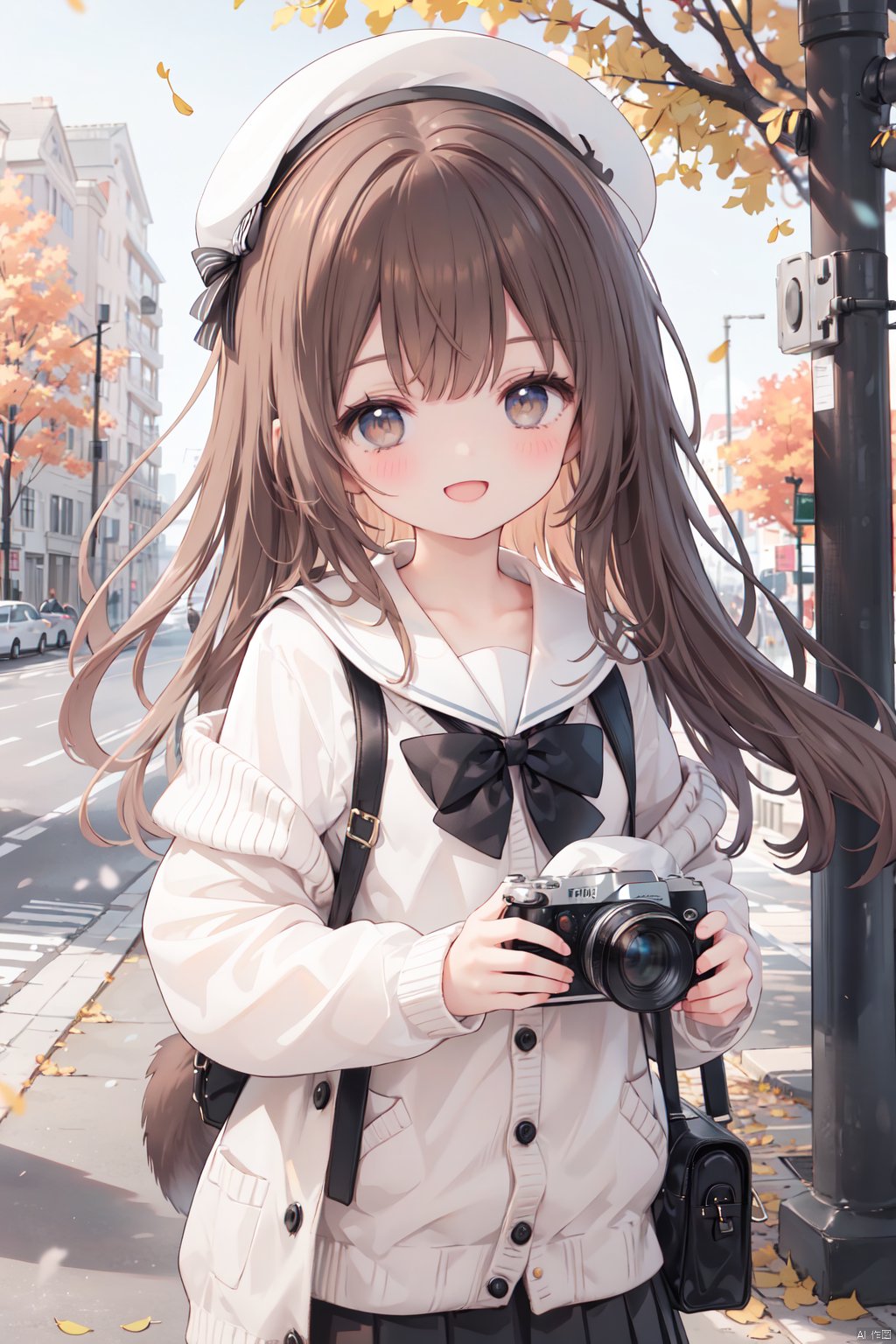  (best quality), (masterpiece),1girl, squirrel, holding camera, solo, skirt, holding, pleated skirt, sailor collar, smile, black skirt, camera, hat, black sailor collar, brown eyes, blurry, :d, white shirt, long hair, shirt, puffy long sleeves, bangs, white headwear, black bow, bag, open clothes, autumn leaves, looking at viewer, school uniform, beret, long sleeves, leaf, blush, serafuku, animal on shoulder, cardigan, brown hair, black bowtie, off shoulder, animal, depth of field, bow, outdoors, ginkgo leaf, blurry background