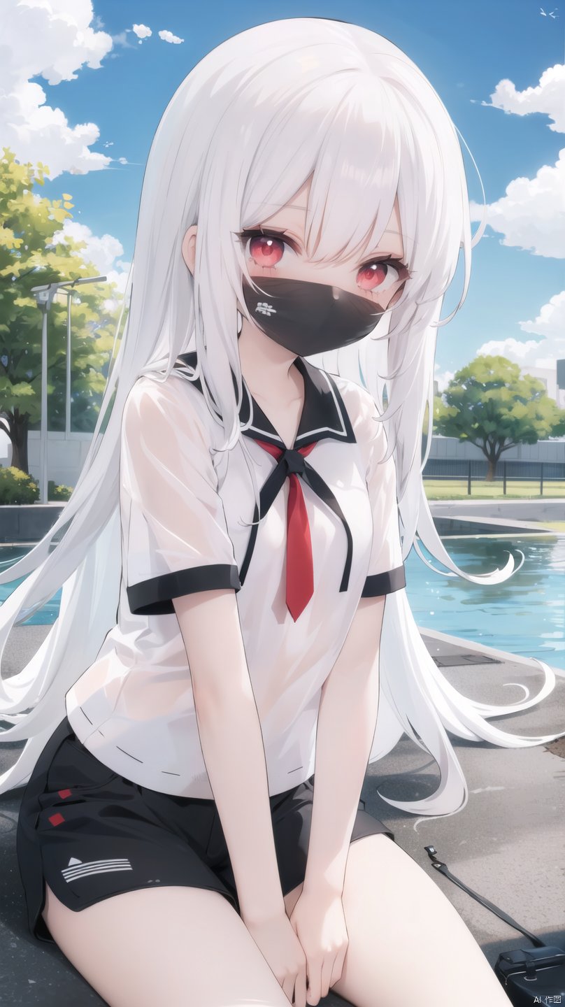  1girl, long hair, White hair, red eyes, jitome, flat chest, sitting, on park, day, blue Sky, clouds, black shorts, White shirt, long legwears, camera