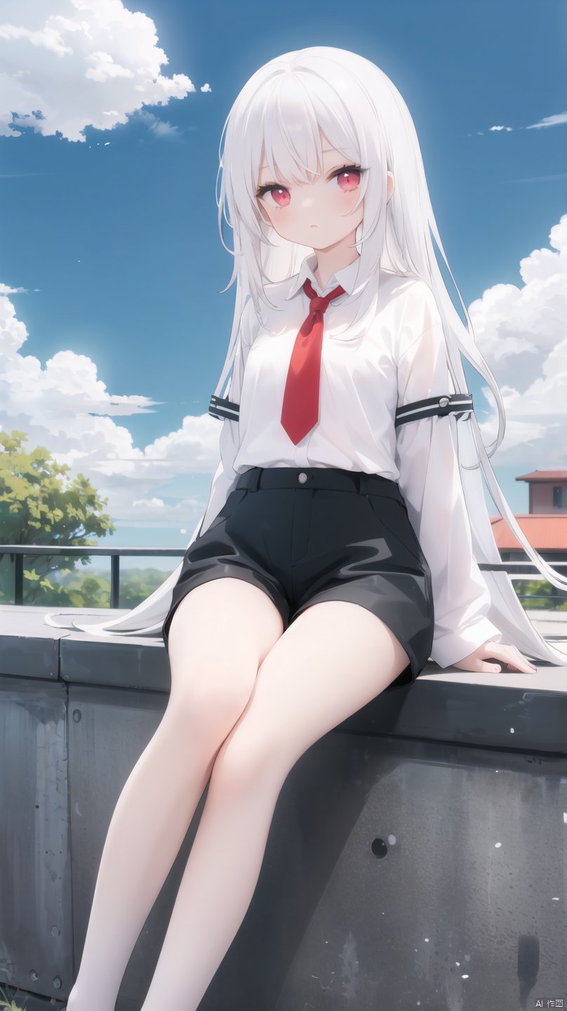  1girl, long hair, White hair, red eyes, jitome, flat chest, sitting, on park, day, blue Sky, clouds, black shorts, White shirt, long legwears, camera