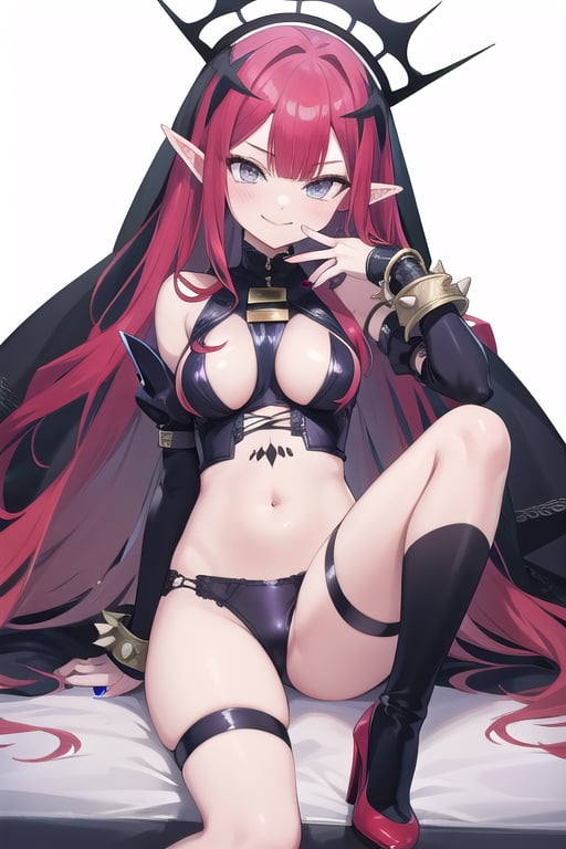 bedroom_background, high_resolution, best quality, extremely detailed, HD, 8K, 
1 girl, solo, figure_sexy, hot, smug_face, , short elf ears, (red_hair:1.2), long hair, medium_breasts, HEADDRESS, CIRCLET, VEIL, PINK HAIR, LONG HAIR, GREY EYES, BRIDAL GAUNTLETS, BARE SHOULDERS, REVEALING CLOTHES, BLACK PANTIES, THIGH STRAP, HIGH HEELS, BLACK NAIL POLISH, SPIKED BRACELEt , GREY SKIN