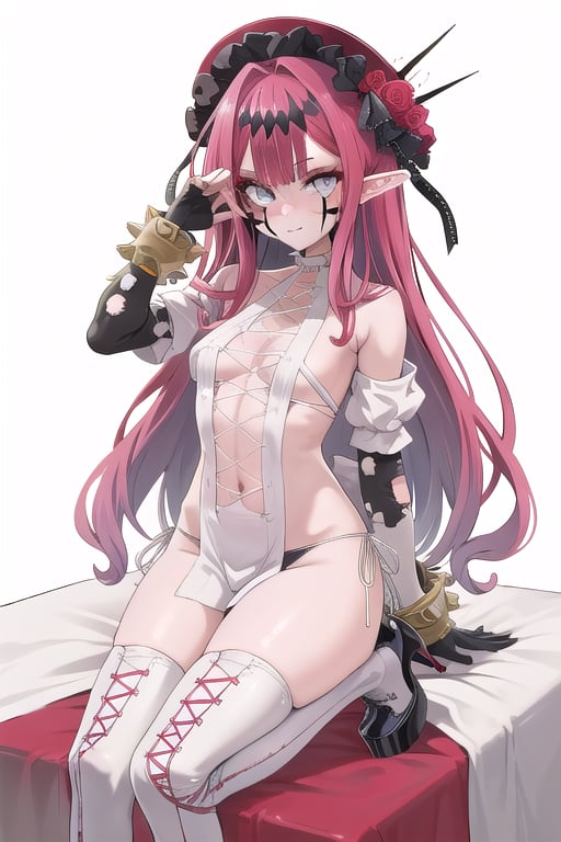 bedroom_background, high_resolution, best quality, extremely detailed, HD, 8K, 
1 girl, solo, figure_sexy, hot, smug_face, , short elf ears, (red_hair:1.2), long hair, medium_breasts, PALE SKIN, LARGE HAT, PINK HAIR, CIRCLET, GREY EYES, WHITE DIAMOND CHOKER, FACIAL MARK, CLOTH GAG, CROSS-LACED CLOTHING, PELVIC CURTAIN, WHITE DRESS, WHITE BRIDAL GAUNTLETS, TORN CLOTHES, BLACK SKIN, SPIKED BRACELET, WHITE PANTIES, CROSS-LACED LEGWEAR, PLATFORM HEELS, SPIKES,Shimejima,Kunabishi 