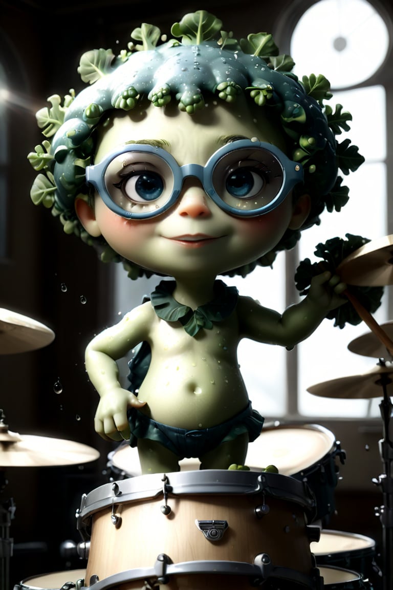 ((masterpiece:1.3,concept art,best quality,photorealistic)), very cute appealing anthropomorphism of broccoli , playing drums pear, wearing sfglasses,drum set background,looking at the viewer, big grin, happy,, droplets, macro, sunlight, fantasy art, dynamic composition, dramatic lighting, epic realistic, award winning illustration, more detail XL,,sfglasses